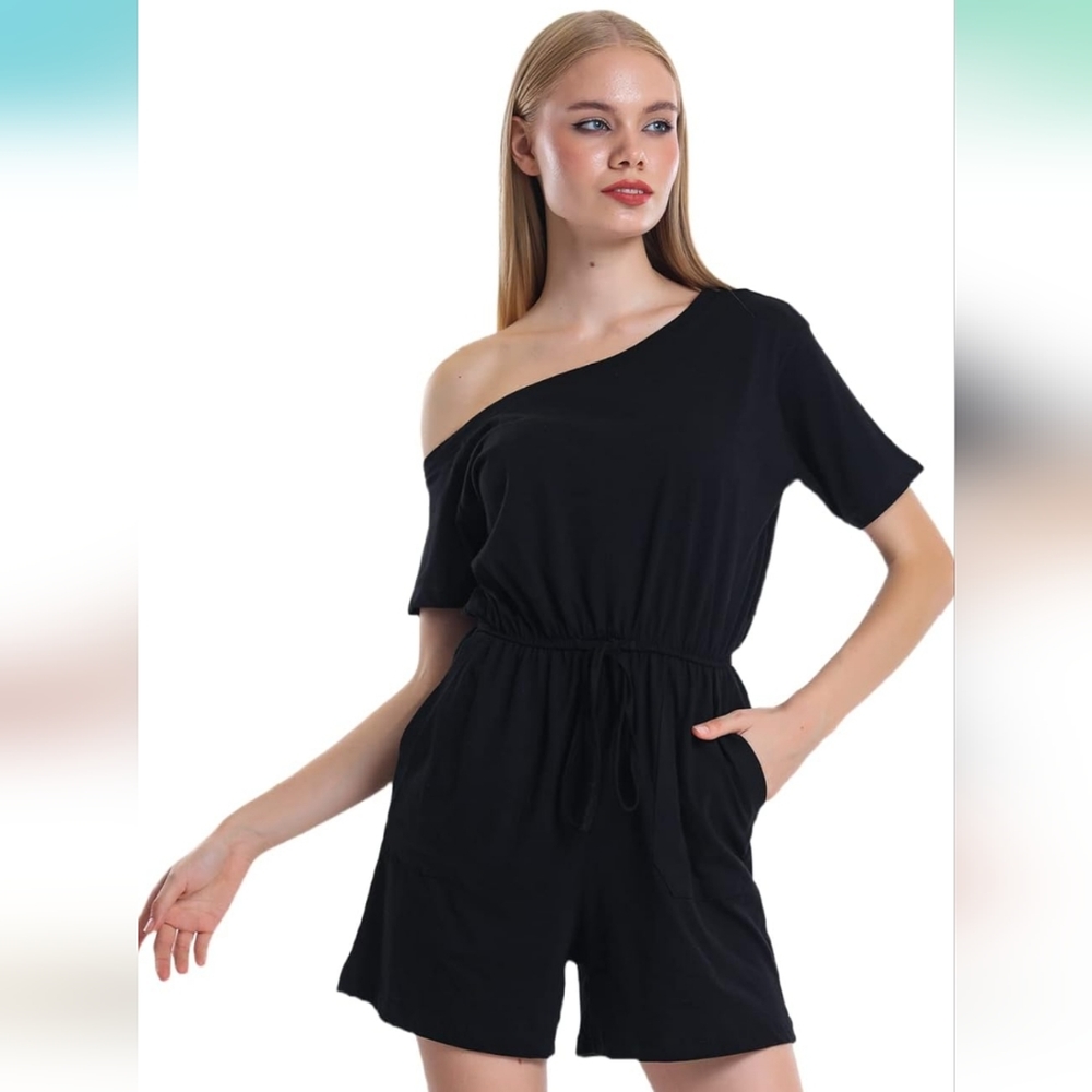 Kaktus Women Summer Loose Off Shoulder Short Romper Jumpsuit with Pockets